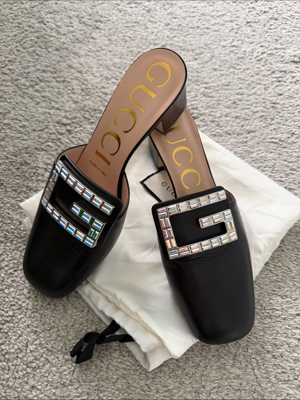 Gucci Black Leather Crystal G-Embellished Square Toe Mules